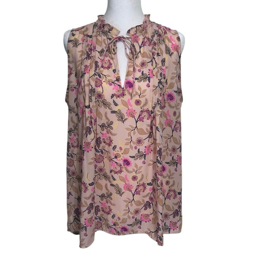 NWT LOFT Floral Pintucked Blouse Women's Large Tan Floral Sleeveless Ruffle Neck